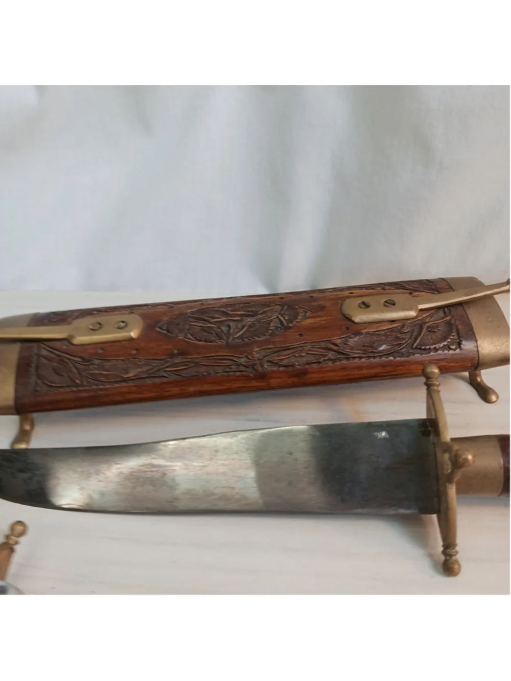 VTG India Carved Wooden Knife Cutlery Set Knife And Fork Brass Wood Sheath Boho